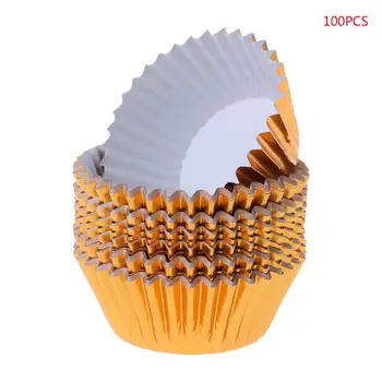 100tk/Pakk Paber Cupcake Cup Alumiiniumfoolium Muffin Küpsetamine Tassi Vooderdus Koogikesi Juhul