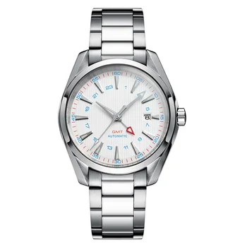10BAR 100M veekindlus Automaatne GMT Watch Fashion Luksus Mehaaniline Käekell Tahke SS Safiir Klaas Valge Dial 27490