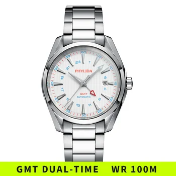 10BAR 100M veekindlus Automaatne GMT Watch Fashion Luksus Mehaaniline Käekell Tahke SS Safiir Klaas Valge Dial