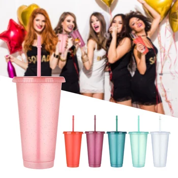 10tk Flash Pulber Vee Pudel Koos Toruga Kaas Plastikust Korduvkasutatavad Drinkware Cup With Straw Sport Plastikust Mahla Õled Kruus