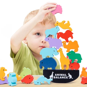12tk Laste Montessori Puidust Loomade Tasakaalu Plokid lauamänge Mänguasi Haridus-Virnastamine Kõrge ehitusplokk Puidust Mänguasi