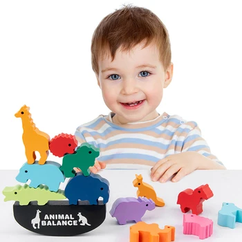 12tk Laste Montessori Puidust Loomade Tasakaalu Plokid lauamänge Mänguasi Haridus-Virnastamine Kõrge ehitusplokk Puidust Mänguasi