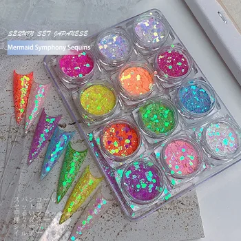 1Set Värvikas Holographics Pulber Laser Ring Litrid Sümfoonia Merineitsi Glitter 3D Nail Art Teenetemärgi