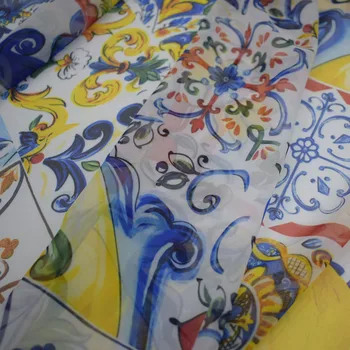 2019 Sinine ja valge portselan digitaalse maali sifonki kangast kleit telas por metro tissu tissus õmblemine
