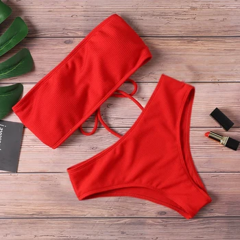 2020. Aastaks Uued Bikiinid Naiste Ujumisriided, Kõrge Vöökoht Olkaimeton Sexy Bikini Puhta Värvi Naiste Ujumistrikoo Polsterdatud Trikoo Monokin