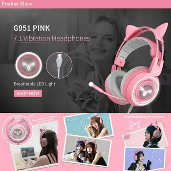 2020 Roosa Gaming Headset 7.1 Surround-Heli G951 Kass Kõrva Stereo Müra Tühistamises Pea Telefoni Vibratsiooni LED USB Kõrvaklapid Tüdruk