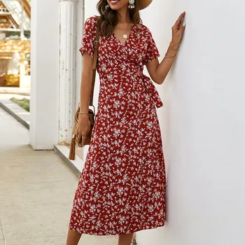 2020. aasta Suvine Lilleline Kleit Sifonki Midi Kleit Pluss Suurus Boho Kleidid V-kaeluse Elegantne Naiste Poole Lühikese Varrukaga Kleit Vestidos
