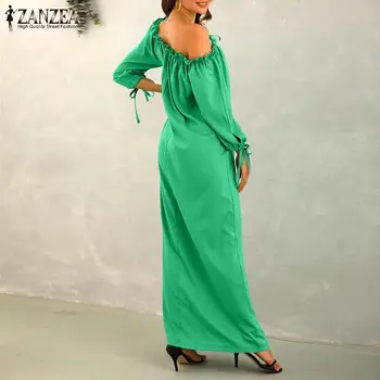 2021 Elegantne Maha Õla Maxi Kleit ZANZEA Naiste Suvel Sundress Vabaaja Tahke Beach Vestidos Naine Ruffle Rüü Ülegabariidiliste