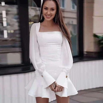 2021 Kevadel Ja Sügisel Naiste Sexy Square Krae Laterna Varruka Ruffle Kleit Valge Must Bodycon Õhtu Poole Kleit Vestidos