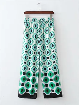2021 Kevadel Naiste Püksid Roheline Geomeetriline Prindi Lai Jalg Vabaaja Kõrge Vöökoht Sirge Streetwear Püksid naistele