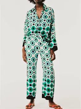 2021 Kevadel Naiste Püksid Roheline Geomeetriline Prindi Lai Jalg Vabaaja Kõrge Vöökoht Sirge Streetwear Püksid naistele
