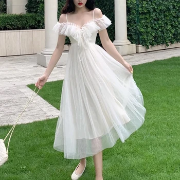 2021 Korea V Kaela Sidemega Uus Haldjas Kleit Naine Ruffle Maha Õla Kleit Elegantne Võrgusilma Pikk Rand Valge Kleidid Naistele Poole