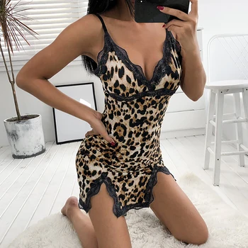 2021 Mood Naiste Sexy Sleepwear Lady V-kaeluse Leopard Öö Kleit Vintage Pits Pilduma Seksikas Nightgowns Naiste Pesu pijama mujer
