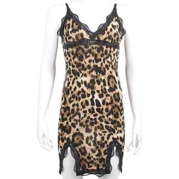 2021 Mood Naiste Sexy Sleepwear Lady V-kaeluse Leopard Öö Kleit Vintage Pits Pilduma Seksikas Nightgowns Naiste Pesu pijama mujer