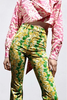 2021 Naiste Püksid Vintage Roheline Lilleline Trükitud Kõrge Vöökoht Püksid Naiste Nuppu Suvel Lai Jalg Sirge Naine Püksid