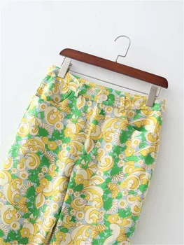2021 Naiste Püksid Vintage Roheline Lilleline Trükitud Kõrge Vöökoht Püksid Naiste Nuppu Suvel Lai Jalg Sirge Naine Püksid