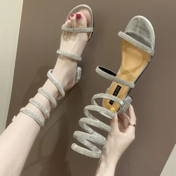 2021 Naiste Sandaalid Mood Rhinestone Avatud Varvas Ringi Rihm Paksud Kontsaga Sandaalid Seksikas Pikad Varba Pumbad Gladiaator Sandaalid Bling Kinga