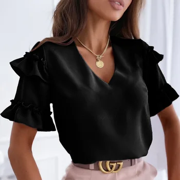 2021 Naiste V-Kaeluse Ruffle Särk Pluus Kevad Suvi Lühike Varrukas Särgid Blusa Elegantne Mood Office Lady Trükitud Tops Pullover