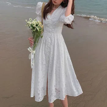 2021 Suve poole Varruka Midi Kleit valge roosa V-Kaeluse Nuppu Vintage Õie Kleit Naiste Vabaaja Beach Party riided haldjas Zaraing