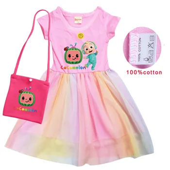 2021 Suvel Lapsed Cocomelon T-Särk Baby Tüdrukud Kleit Kott 2tk Sobiks Laste Printsess Kleidid, Puuvillane T-Särk+rainbow Võre
