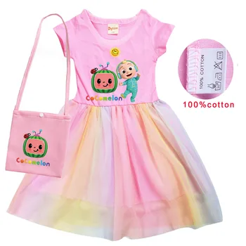 2021 Suvel Lapsed Cocomelon T-Särk Baby Tüdrukud Kleit Kott 2tk Sobiks Laste Printsess Kleidid, Puuvillane T-Särk+rainbow Võre