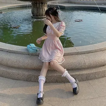 2021 Suvel Lolita Kawaii Kleit Naiste Jaapani Vintage Magus Vibu Roosa Mini Kleit Armas Ilus Printsess Mull Varruka Pits Kleidid