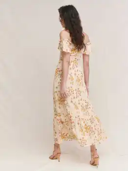 2021 Suvel Retro Elegantne Elastne maha Õla Pikad Kleidid Prantsusmaa Beež Õie Printida Vintage Tagasi Lukuga Naiste Suvine Kleit