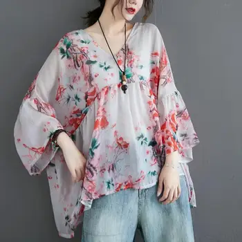 2021 Suvel Uus Naiste Pluus korea Vintage Print V-kaeluse Ebaregulaarne Pullover T-särk Lahtised Riided Pluss Suurus Naine Blusas Tops