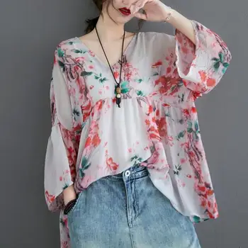 2021 Suvel Uus Naiste Pluus korea Vintage Print V-kaeluse Ebaregulaarne Pullover T-särk Lahtised Riided Pluss Suurus Naine Blusas Tops