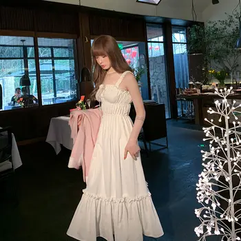 2021 Suvel Valge Elegantne Naiste Kleit Varrukateta Kawaii Rihm Kleit Ühes Tükis Kleit korea Pool Õhtul Naiste Vabaaja Pilduma
