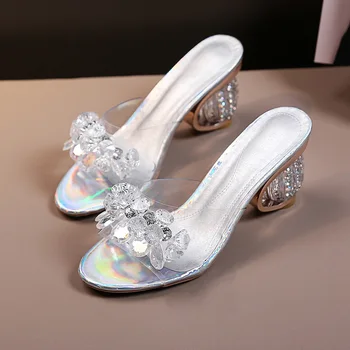 2021 Uued PVC Jelly Sandaalid Naistele Crystal Peep Toe Kõrge Kontsaga kingad Crystal Läbipaistva Kontsaga Sandaalid Sussid Pumbad Naiste Kingad