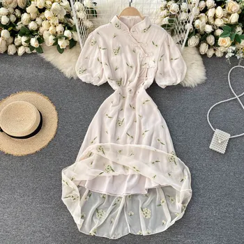 2021 Uus Mood Naiste Retro Paranenud Cheongsam Seista Krae, Lühike Varrukas Lukk Tikandid Kleit Elegantne Vestidos R529