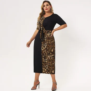 2021 Uus Suvine Kleit Naiste Must V-kaeluse Lühikeste Varrukatega Leopard Trükkimine Pleisse Vibu Tiivad Õhuke Mantel Casual Midi Kleidid 4XL