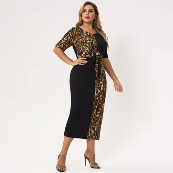 2021 Uus Suvine Kleit Naiste Must V-kaeluse Lühikeste Varrukatega Leopard Trükkimine Pleisse Vibu Tiivad Õhuke Mantel Casual Midi Kleidid 4XL
