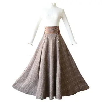 2021 Uus Sügis Naiste Seelikud Vintage Elegantne Tweed Houndstooth Seelik Koos Vööga Office Mood Daamid Stiilne Ruuduline Suur Kiik Seelik 72044