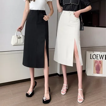 2021 Uus korea Fashion Spring Must-line Seelik OL Stiilis Elegantne Split Pikk Seelik Naiste Vabaaja Naine Midi Seelik Saia Feminina