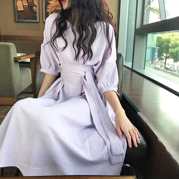 2021 korea versiooni tahked värvi, keskmise pikkusega kleit naiste elegantne sifonki viie punkti varrukad puhvis varrukad ringselt ümber kaelakaare