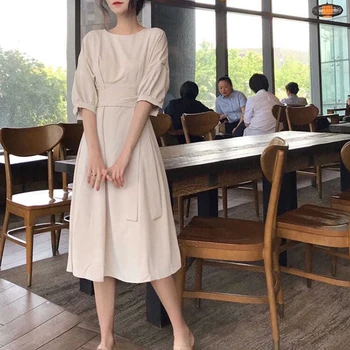 2021 korea versiooni tahked värvi, keskmise pikkusega kleit naiste elegantne sifonki viie punkti varrukad puhvis varrukad ringselt ümber kaelakaare