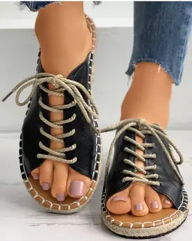 2021 selleks yaz ' i yeni kadın kuşgözü dantel-up dokuma keten düz sandalet rahat ve nefes moda düşük topuklu sandalet 65472