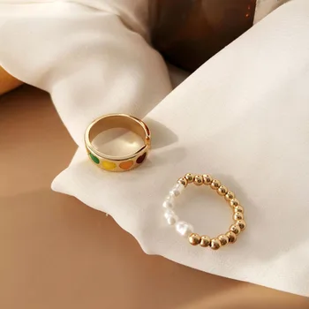 2tk Vintage Värviline Süda Avatud Ring Lihtne Kulla Värvi Emailiga Sõrme Ehted Simuleeritud Pearl Reguleeritav Rõngad Naistele