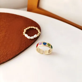 2tk Vintage Värviline Süda Avatud Ring Lihtne Kulla Värvi Emailiga Sõrme Ehted Simuleeritud Pearl Reguleeritav Rõngad Naistele