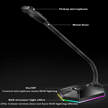 3.5 mm USB-Gooseneck Mikrofon Baas, HD helikaart RGB Valgus Vaba ketta Müra Vähendamise Arvuti Gamer Live Streaming