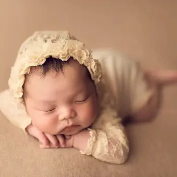 3 Tk/Komplekt Baby Imikute Pitsi Müts Padi Romper Kombekas Vastsündinud Fotograafia Rekvisiidid Foto Pildistamise Kostüüm Varustus
