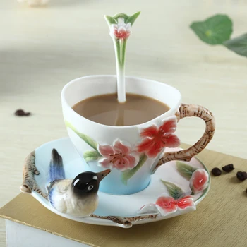 3D Bella Uccello Smalto porcellanato tazza di Caffe Tazza di Te Tazza di Latte Set Piatto Creativo Tazze E Piattino Cucchiaio 111846