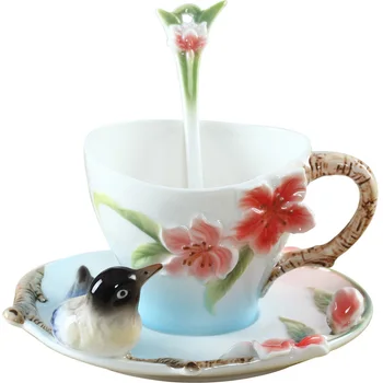 3D Bella Uccello Smalto porcellanato tazza di Caffe Tazza di Te Tazza di Latte Set Piatto Creativo Tazze E Piattino Cucchiaio