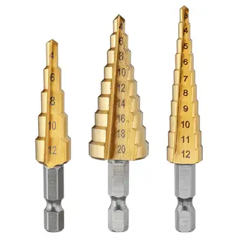 3pc Hss step drill bit set koonus auk lõikur Koondamise meetriline 3-12 4-12 4-20mm Puurimine Titaan kaetud metallist hex-core drill bits 180887