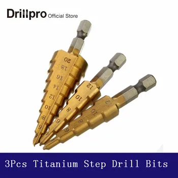 3pc Hss step drill bit set koonus auk lõikur Koondamise meetriline 3-12 4-12 4-20mm Puurimine Titaan kaetud metallist hex-core drill bits