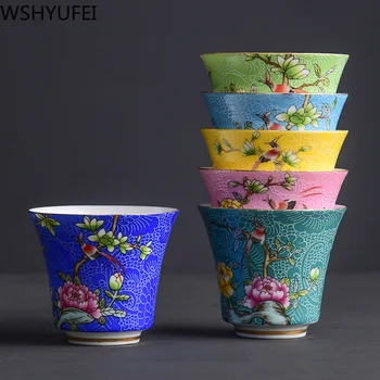 4 tk/set Jingdezhen Peen keraamiline teacup Käsitsi maalitud lilled ja linnud emailiga Tee set Reisi kaasaskantav tee kauss Kapten Cup
