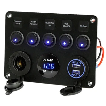 5 Gang Lüliti Paneel 12V/24V Digitaalne Voltmeeter Rocker-Lüliti Sinine LED Valgus, sigaretisüütaja Dual USB jaoks RV Auto, Paadi Veoauto