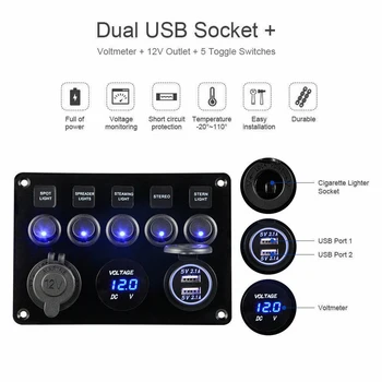 5 Gang Lüliti Paneel 12V/24V Digitaalne Voltmeeter Rocker-Lüliti Sinine LED Valgus, sigaretisüütaja Dual USB jaoks RV Auto, Paadi Veoauto
